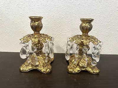 6  VINTAGE  Hollywood Regency Brass Crystals Candle Stick Holders Set Of 2 • $49.99