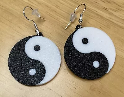 Yin Yang Earrings 3D Printed Black And White On Silver Played Fishwire • £4.99