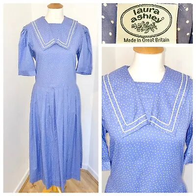 LAURA ASHLEY Blue White Polka Dot Spot Nautical Made In GB Midi Sailor Dress 16 • £75