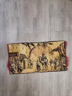 Vintage  Velvet Fringed Tapestry Middle Eastern Market Scene Camels 27  X 19  • $37