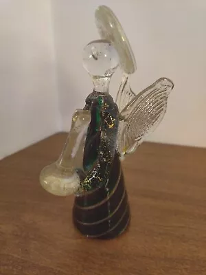 Murano Hand-Blown Glass Angel Holding Instrument Red Green & Gold 4 1/2  Tall • $35