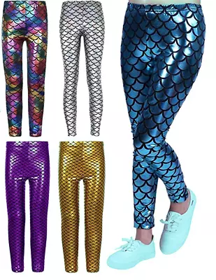 Crazy Chick® Girls Metallic Fish Scale Leggings Mermaid Kids Shiny Foil Legging • £6.99