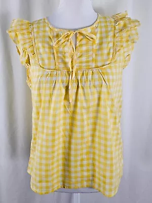 New J Crew Womens Blouse Yellow White Checks Front Tie Cap Sleeve Cotton Small • $17.99