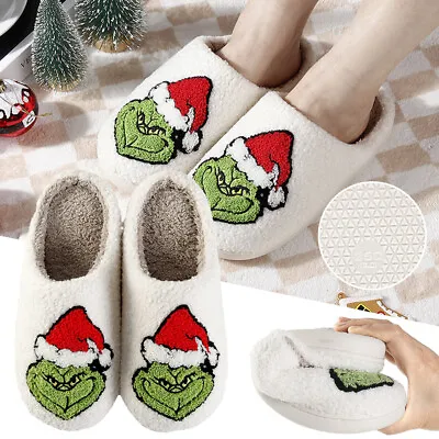 Womens Men Green Monster Soft Warm Christmas Slippers Bedroom Cozy Fluffy Shoes • £12.68