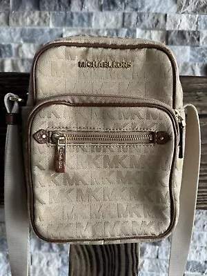 MICHAEL KORS Bedford Zip MK Signature Jacquard Flight Bag Beige Camel Cross Body • $80