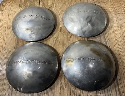 VINTAGE 1940’s Ford Deluxe Hub Cap Wheel Covers Set Of FOUR AUTO CAR MECHANIC • $50