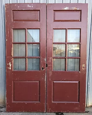 62 X90x2 Pair Antique Vintage Old Salvaged Wooden Door Window Chicken-Wire Glass • $1749.99