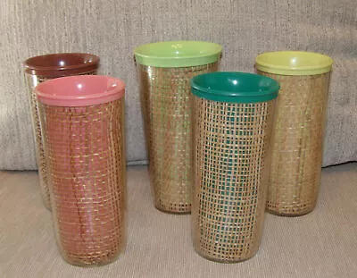 Excellent Group Of 5 MCM Melmac Raffia Insulated Tumblers 6  Tall • $18.99