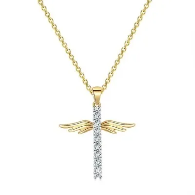 Mens Women Chain Necklace Cross Wing Shinny Pendant Angel Crucifix Jesus Gift • £3.99