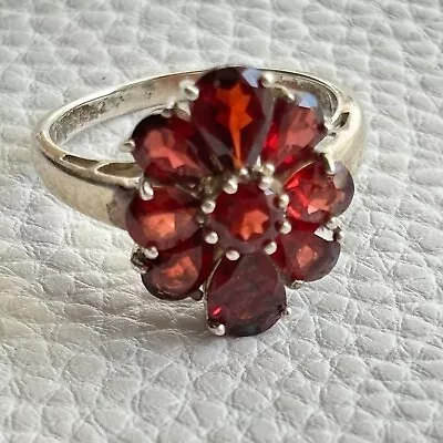 CNA Thailand 925 Sterling Silver Red Garnet Gemstone Flower Ring Size 9.25 • $58