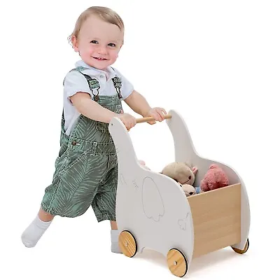 £34.99 • Buy Wooden Baby Walker 2 In 1 Kids Push Along Toy Cart With Storage Chest 4 Wheels