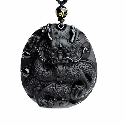 Natural Black Obsidian Dragon Pendant Necklace Men Talisman Adjustable Chain • $15.90