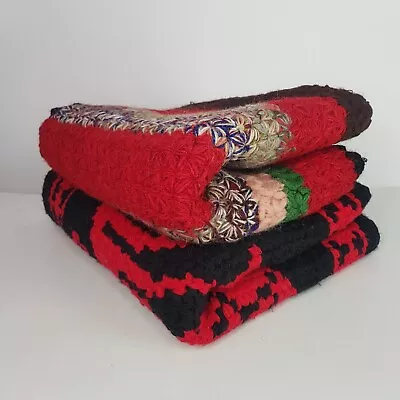 Vintage Thick Knit Rug Mat Lot 2 Pack 46x115cm Red Black Striped Floral Design • $26.10