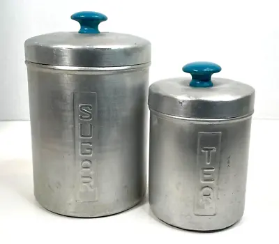 Vintage Spun Aluminum Canister Set Made In Italy Tea Sugar Teal Aqua Handle • $21.99