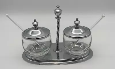 Vintage 60's Stainless Steel And Glass Double Condiment Set With Spoons • $10