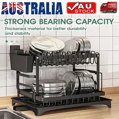 2 Tier Dish Drainer Drying Rack With Cup Holder Cutlery Tray Kitchen Organiser • $37.99