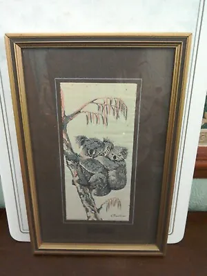 J &J Cash Wood Framed Koala Bear Silk Woven Inset-9 3/8 × 6 1/4  Retro Vgc • £5.99