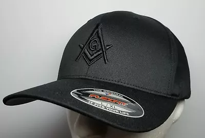 Flexfit Mason Hat 3D Puff Embroidery All Black Cap Masonic Gears • $34.97