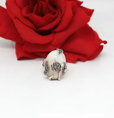 Sterling Silver Mother Of Pearl Marcasite Flower Ring Size 9 12.05g  CAT RESCUE • $51.99