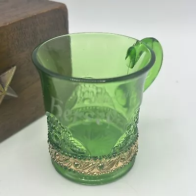 Antique Hersey Michigan Souvenir Green Glass Gold Trim Mug Cup Early 1900s • $59.99