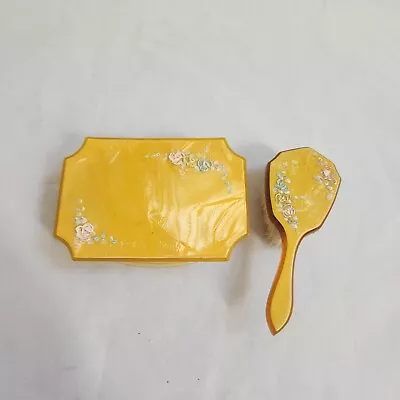 $14.99 • Buy Vintage Child Celluloid Vanity Jewelry Trinket Box And Floral Lucite Brush Set