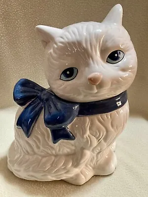 White Cat With Blue Ribbon Bow Cookie Jar -Vintage NIB • $24.95