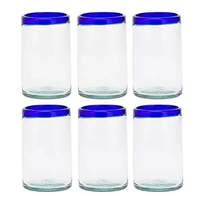 Amici Home Authentic Mexican Handmade Blue Rim Hiball Glass 16oz Set Of 6 • $39.99