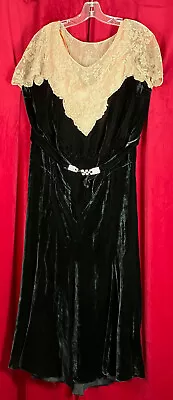 L XL 1920s Silk Velvet Lace Flapper Dress Black / Tea Ecru 20s • $99.99