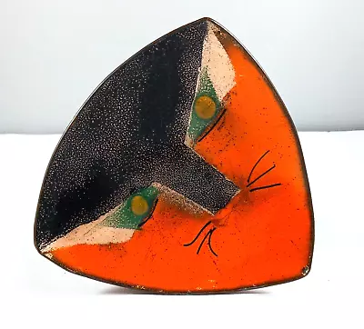 Mid Century Vintage Copper Enamel Trinket Dish ~ Cat Face ~ Signed • $45