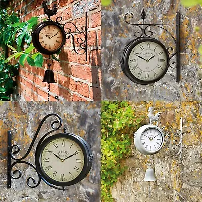 Wyegate Garden Station Clock Wall Mount Rooster Outdoor Thermometer Double Sided • £27.99