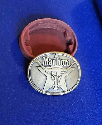 1987 MARLBORO Philip Morris Solid Brass Belt Buckle Longhorn Original Holder • $5