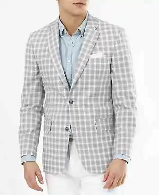 TOMMY HILFIGER Blazer Jacket Size 44S Tan Gray Plaid Modern Fit NWOT $295 • $41.24