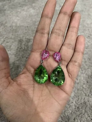 Light Green Pink Peridot Long Rhinestone Crystal Teardrop Dangle Earrings 1.75” • $13
