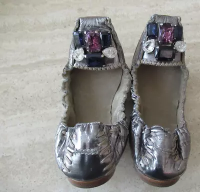 Auth Miu Miu Flats Ballet Jewel Toe Silver Leath Shoe Sz 36ret$698 What Bargain  • $119