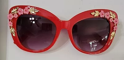 Victorian Trading Kitty Red Pink Floral Rhinestone Cat Eye Sunglasses 4C • $29