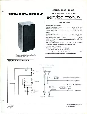 Vintage Marantz Model CS-65/ DS-603 3-Way Loudspeaker System Service Manual • $7.41