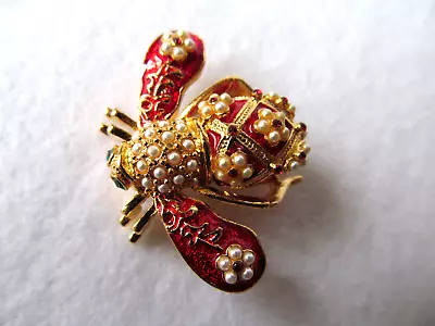 Joan Rivers Red Enamel Seed Pearl & Crystals Faberge Inspired Bee Pin Brooch • $125