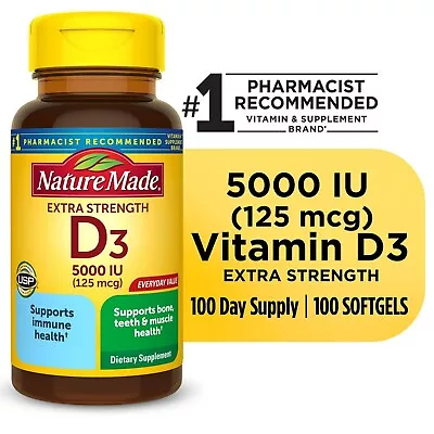 Nature Made Extra Strength D3 5000 IU Softgels Dietary Supplement 100 Count • $12.05