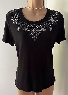 £3.99 • Buy Style By EWM Black Short Sleeved Top With Shiny Silver Pattern Front M 14-16