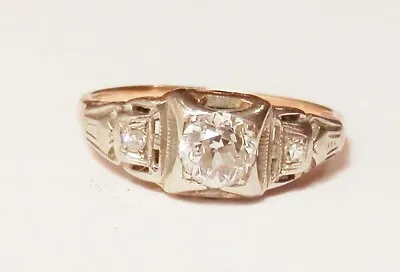 Antique 14K White & Yellow Gold 4.5mm Mine Cut Diamond + Accents Ring Size 6.75 • $599