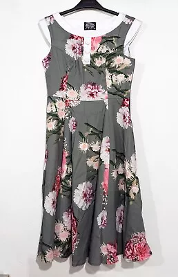 Hearts & Roses Floral Hepburn Swing Dress Sage -  Size 12. 50's Style • £8.75