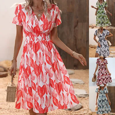 Women V Neck Boho Floral Swing Dress Ladies Summer Holiday Beach Midi Sundress • £8.59