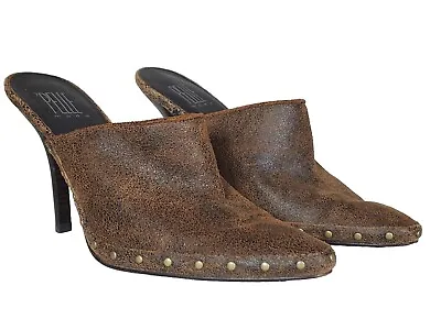 PELLE MODA Dark Brown Antiqued Leather Studded High Heel Mules Women's US 8 M • $34.99