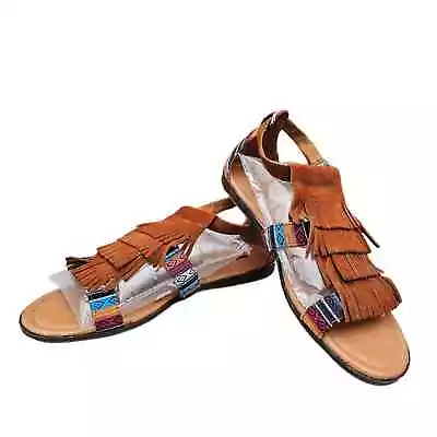 Minnetonka Baz Sandal Size 11 Brown Suede Leather Kilty Fringe Tribal Stripe • $35