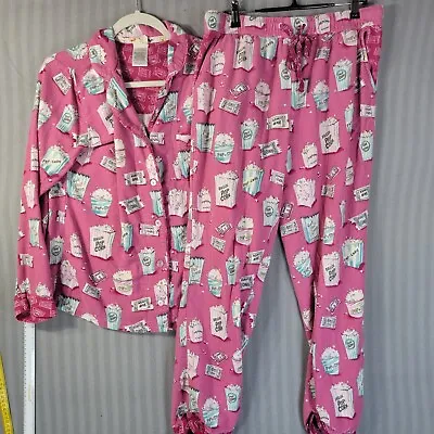 Munki Munki Flannel Pajama Set Small Pink PopCorn Fun Movie Night Long Sleeve • $27.99