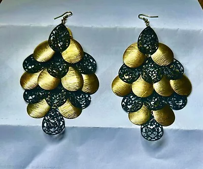 Large & Dramatic Black And Gold Bohemian Chandelier Gypsy Costume Earrings • £4.92