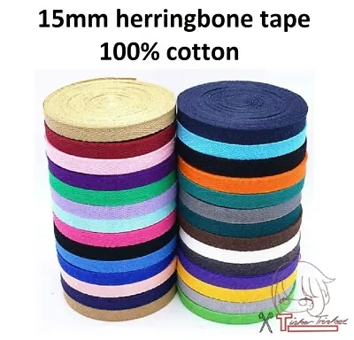 15mm Cotton Tape Herringbone Weave 42 COLOURS Bunting String Apron Crafts UK • £3.05