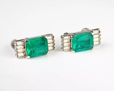 Vendome Vtg Simulated Emerald Crystal Clip On Earrings W/baguette Rhinestones • $95