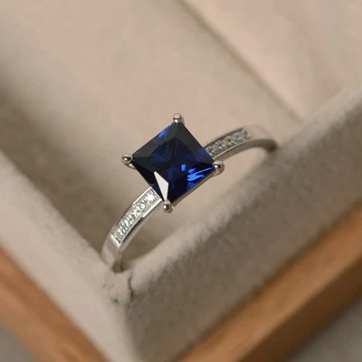 1CT Princess Blue Sapphire & Cz Side-Stone Engagement Ring 14K White Gold Over • $120.44