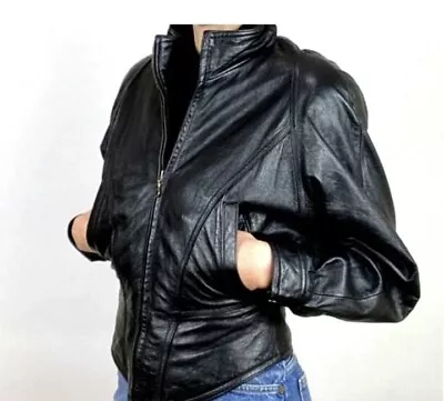 VTG Wilsons Leather Women M Moto Jacket Black 80s 90s Cropped Motorcycle Dolman • $55